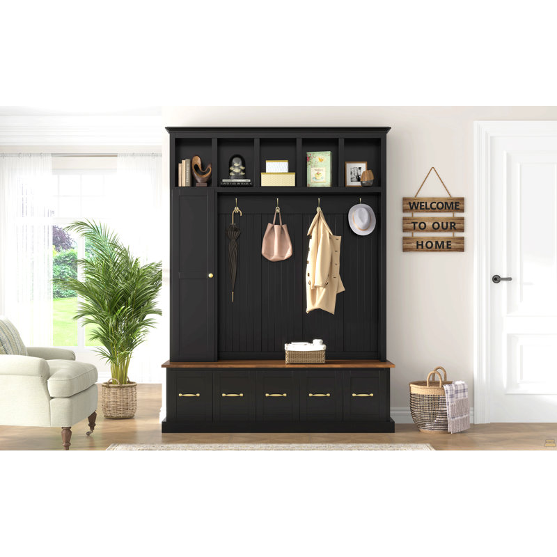 Arbre d'entrée avec porte-manteaux, banc à chaussures et armoire de rangement, Black