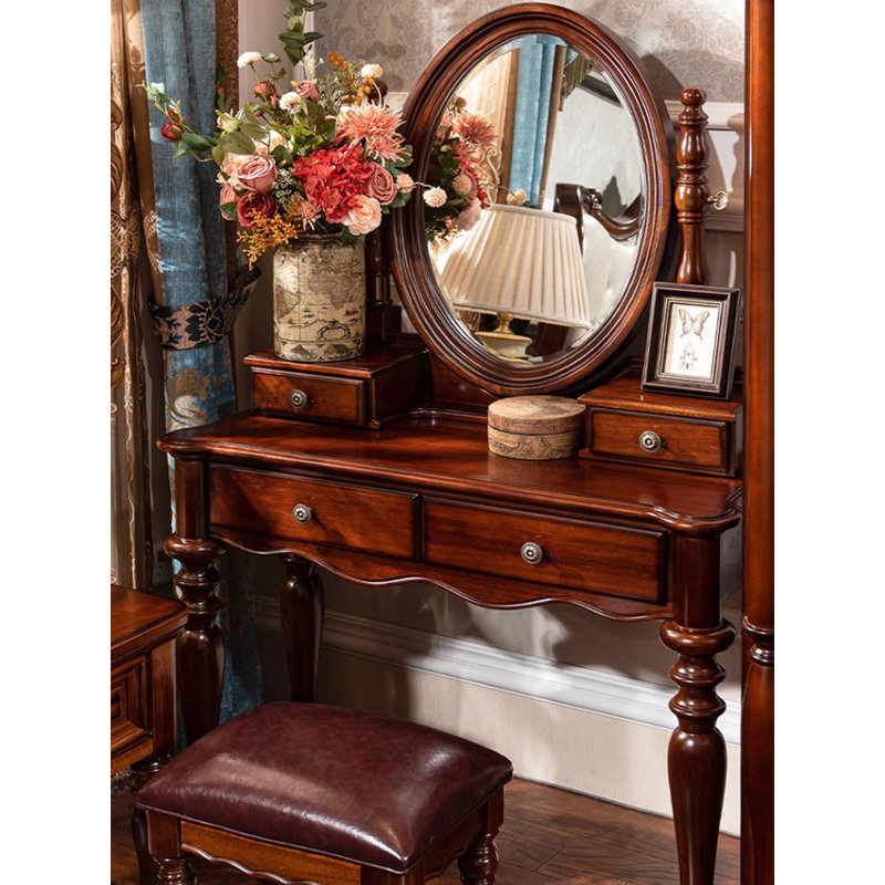 American-style vintage solid oak dressing table with multiple drawers design