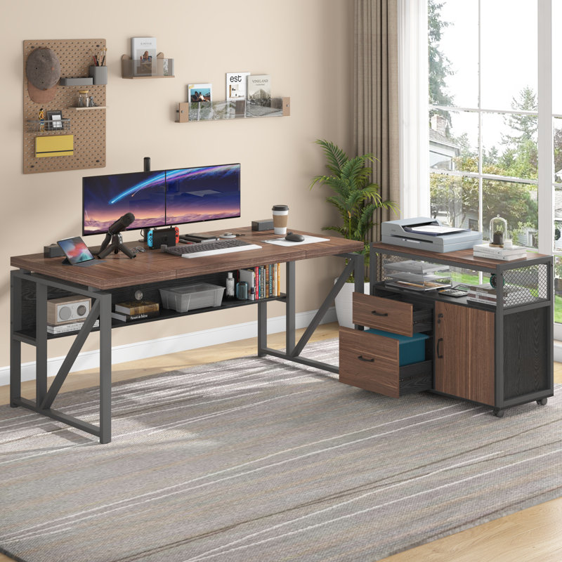 Lympsham 2 - Piece Home Office Executive Desk and Lateral File Cabinet, 29" H x 63" W x 55" D, Dark Brown/Black