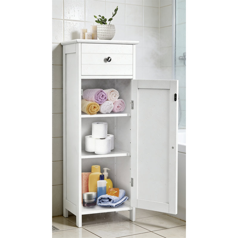 Single Door Floor Cabinet With Drawer, 3-Level Adjustable Shelves, Anti-Tipping Device For Living Room, Bedroom, White