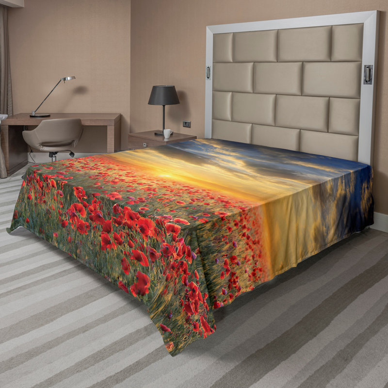 Ambesonne Poppy Flower Top Flat Sheet Scenic Field Sunset Multicolor, Full Flat Sheet