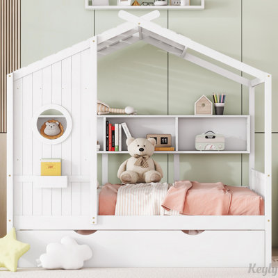 Wooden House Bed With Trundle and Storage Shlef