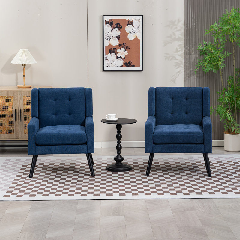 26.77" Mid-Century Modern Accent Chair With Linen Upholstery, Tufted Back And Black Solid Wood Legs(Set Of 2), Blue