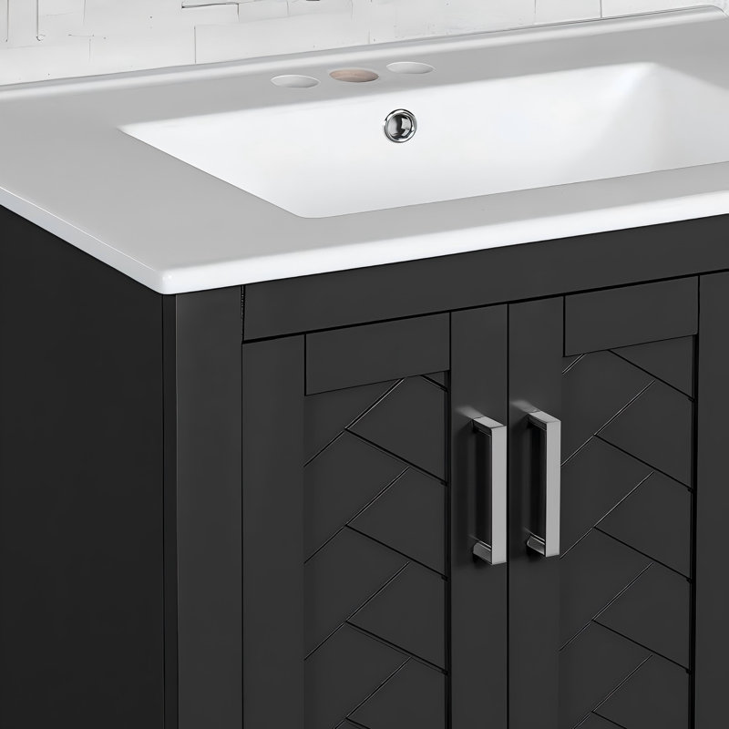 Ensemble de meuble-lavabo autoportant (30 po): ensemble de lavabo en céramique + armoire de rangement à cadre en bois massif, 3 tiroirs + porte à fermeture en douceur
