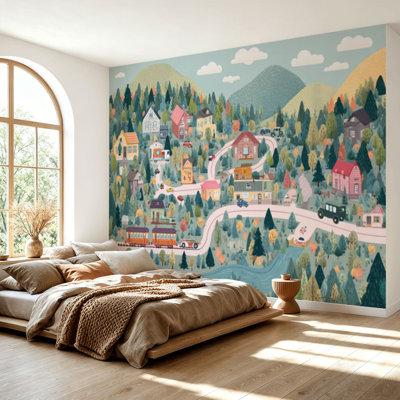 Papier peint adhésif mural fantaisiste, feuille de route de village, montagnes, arbres, voitures, train, pastel, papier autocollant amovible, décoration murale pour salon, chambre à coucher H 69 po x l 96 po