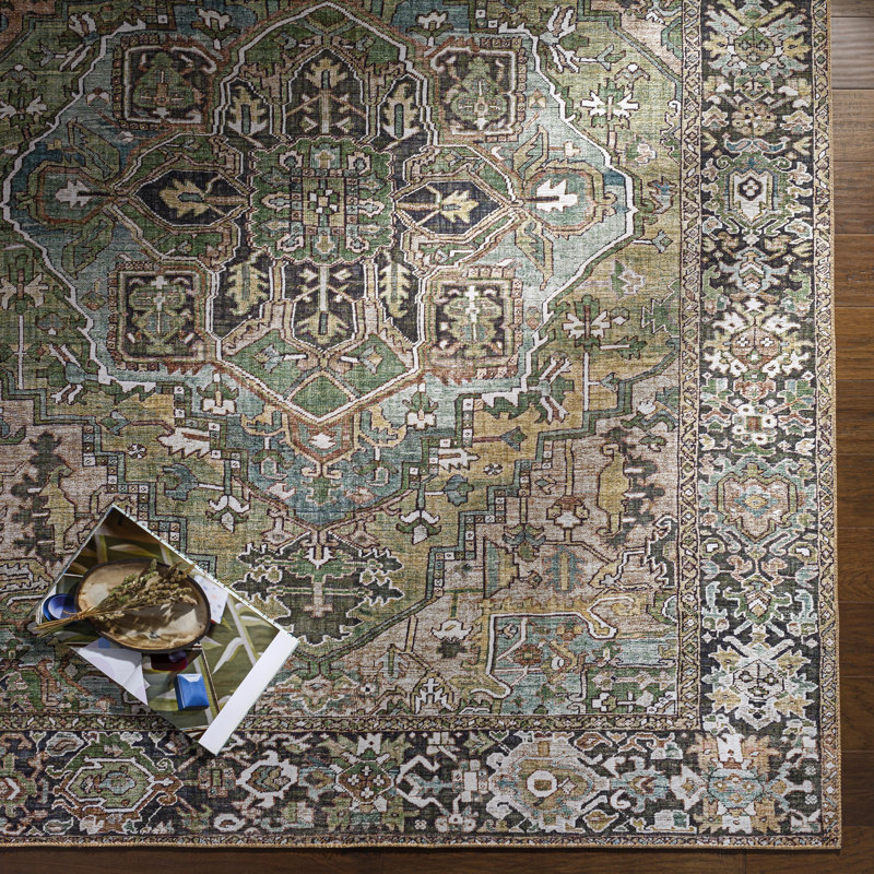 Tapis oriental noir / vert / ivoire Albion, Rectangle 7 pi 6 po x 9 pi 6 po