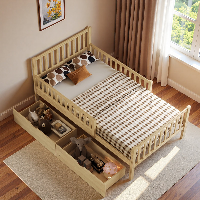 Lit plateforme en bois avec garde-corps et 2 tiroirs de rangement, Lit simple