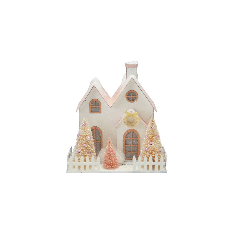 Maison en papier scintillant avec arbres en forme de bouteille en sisal et lueur DEL