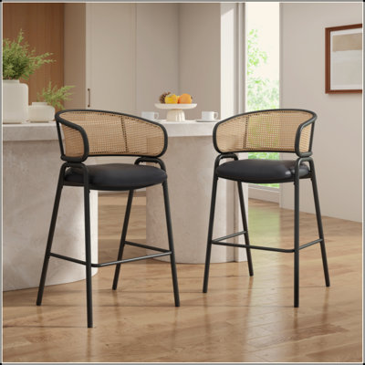 Tabouret de bar d'intérieur revêtu de métal, siège en similicuir avec dossier en rotin Wowen, ensemble de 2