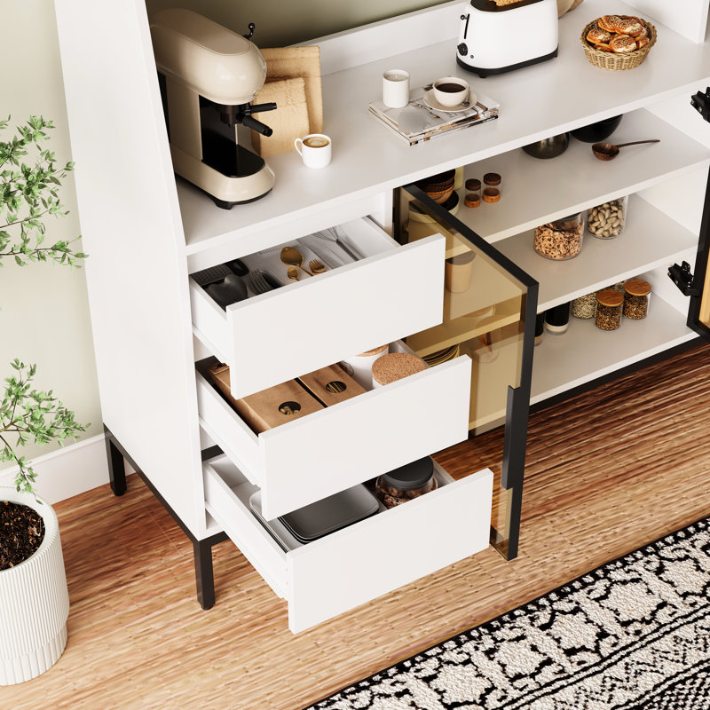 Buffet blanc avec 3 tiroirs, casier de porte en verre et porte-gobelet à vin pour la cuisine