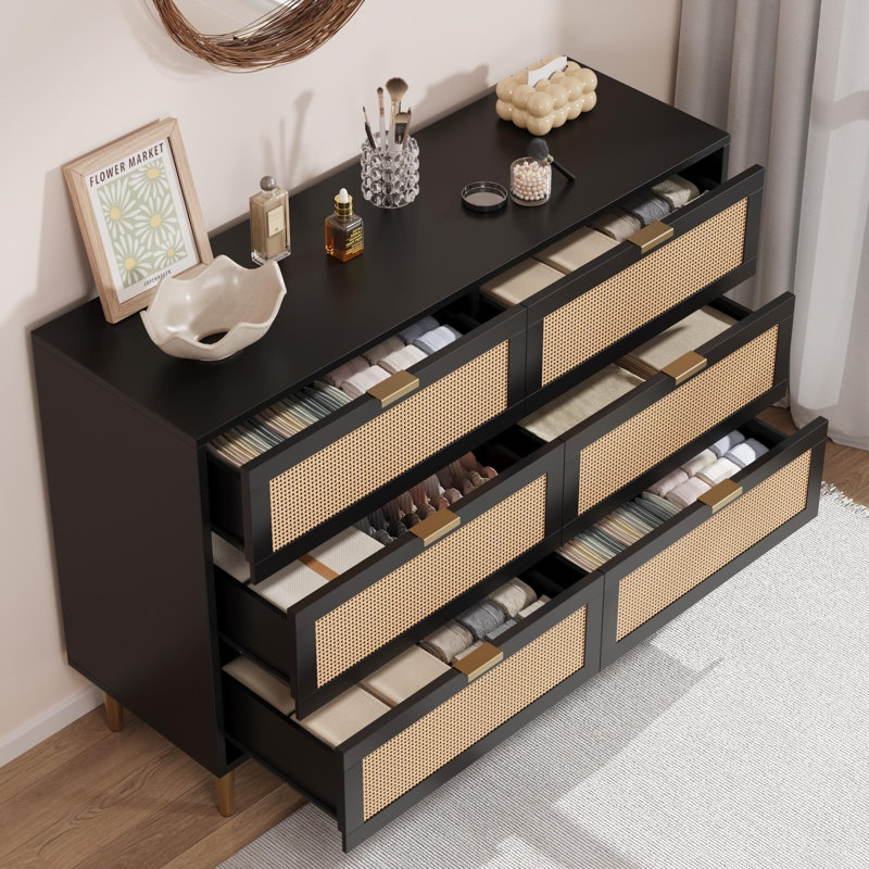 6 Drawer Rattan Dresser with Gold Accents, Wide Double Dresser with Anti-Tipping Design, Large Tabletop Storage Cabinet