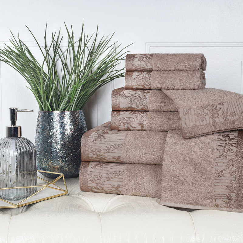 Carinna Cotton Medium Weight Floral Jacquard Border Assorted Bathroom Towel Set, Frappe, 8 Piece Towel Set
