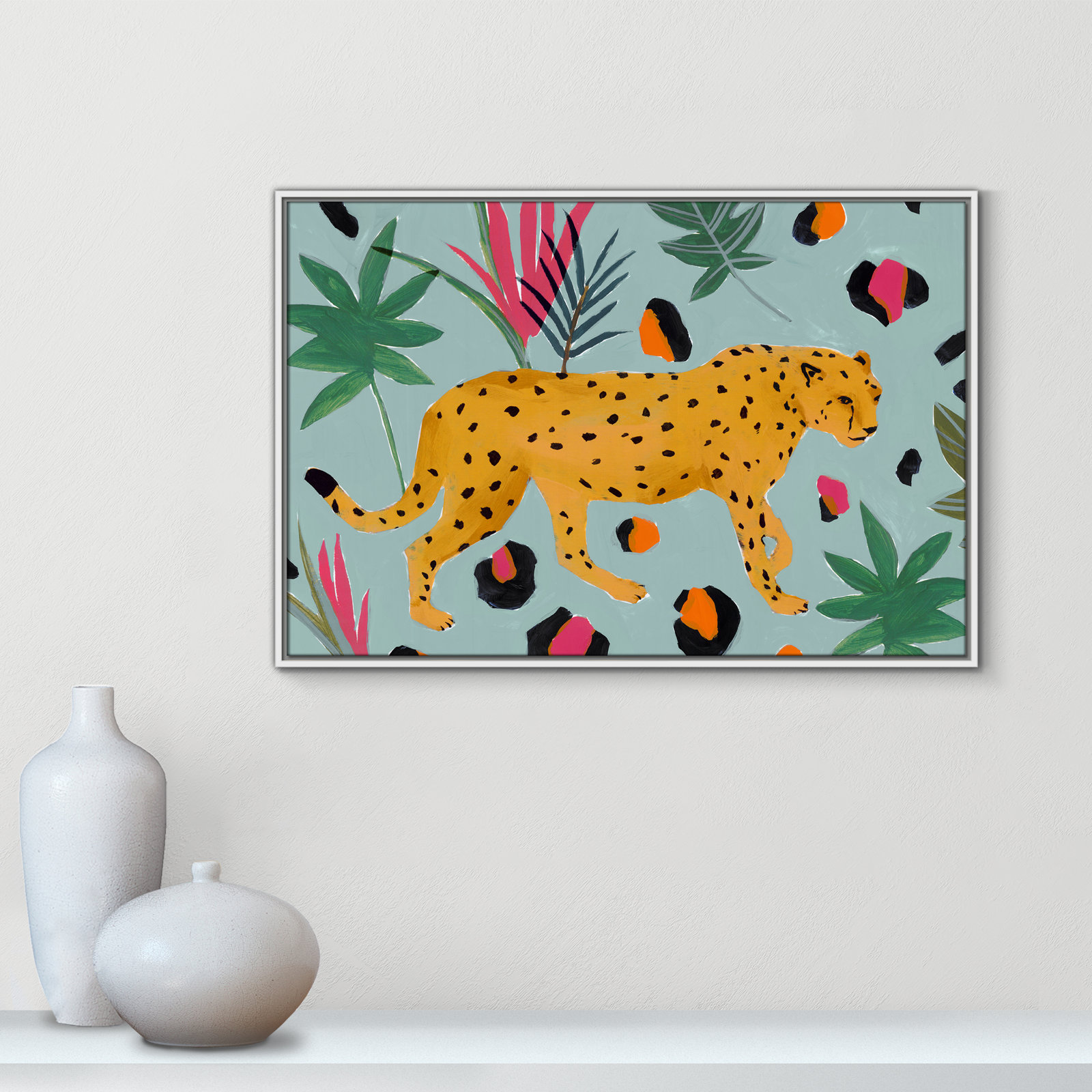 Walking Cheetah II by Isabelle Z - Painting Print, 25.5" H x 37.5" W x 2" D, White Framed Canvas