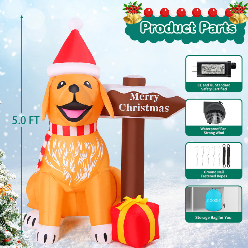5 FT Christmas Inflatable Dog Standing by “Merry Christmas” Sign with Gift Box & Built-in LED Lights