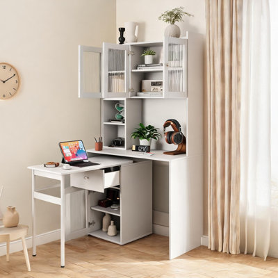 Bureau d'ordinateur en L à panneau de particules blanc pur avec armoires à porte en verre et bureau rotatif pour bureau à domicile
