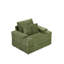 Canapé simple en velours côtelé vert avec un coussin, deux coussins décoratifs, un repose-pieds et deux espaces de rangement