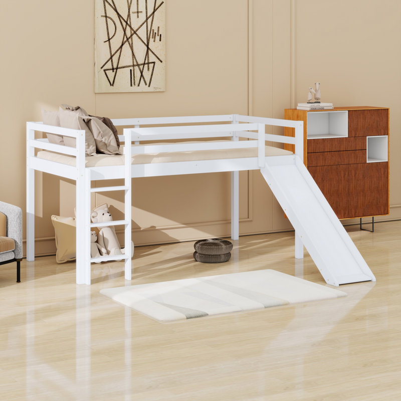 Low Loft Bed With Slide, Ladder, Safety Guardrails, White
