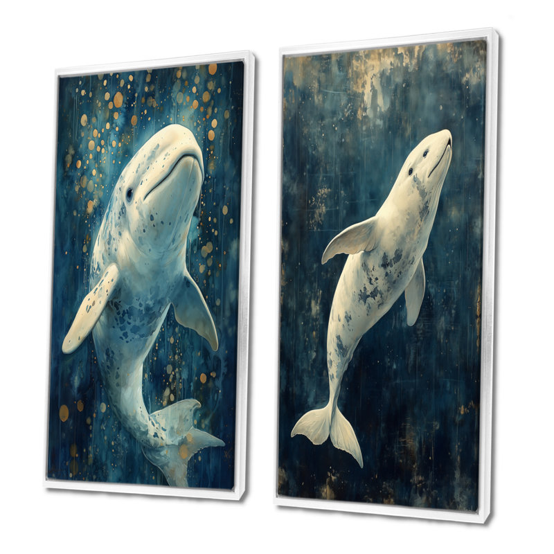 Ensemble de 2 pièces Baluga en tons de blanc et de bleu I - poisson, H 32 po x l 32 po, Impression encadrée, Blanc