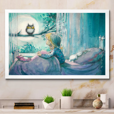 Fille dans la chambre à coucher avec hibou sur une branche - reproduction de photo sur toile
