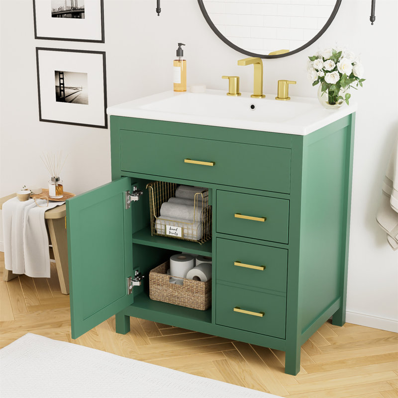 Meuble-lavabo vert de 30 pouces avec lavabo en céramique et beaucoup de rangement - parfait pour les petites salles de bain