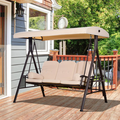 Outsunny 3-Seat Patio Swing Chair, Outdoor Porch Swing Glider with Adjustable Canopy, Removable Cushion, Pillows and Side Trays, Ball