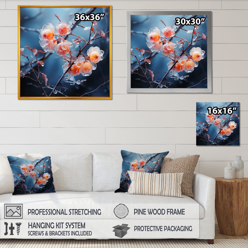 «Pink Frost Winter Blueberry Elegance I», art mural paysage d'hiver, Cadre flottant noir, 16" H x 16" W