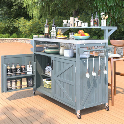 Îlot de cuisine extérieur avec tablette surélevée, armoire de rangement en bois massif avec plateau en acier inoxydable, chariot de barbecue extérieur avec support de rangement interne, tablette réglable, support à épices