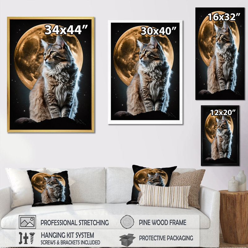 " Majestic Cat Under the Full Moon " Mixed Media and Color Photography Print, 20" H x 12" W x 1" D, White Floater Framed