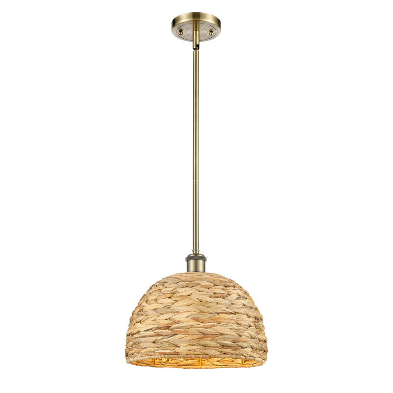 Malaga Woven Rattan 1 Light Stem Hung Pendant, 130.75" H x 12" W x 12" D, Antique Brass