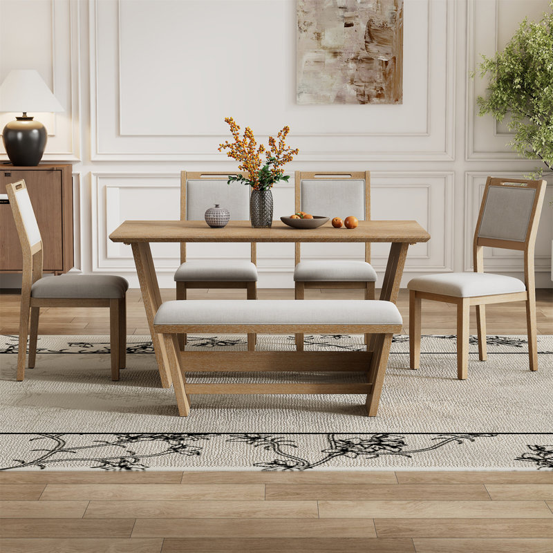 Ensemble de table de salle à manger 6 pièces pour 6 personnes, Bois naturel délavé