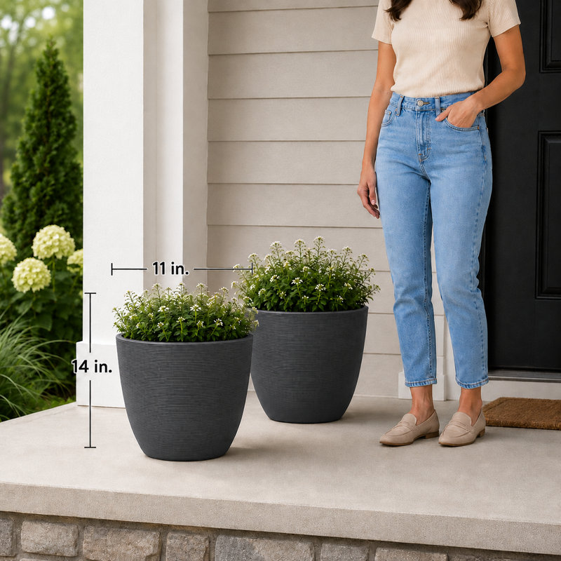 Ensemble de pots à fleurs en tibétain Tahmina, Gris anthracite, H 11 po x l 14 po x P 14 po, 2