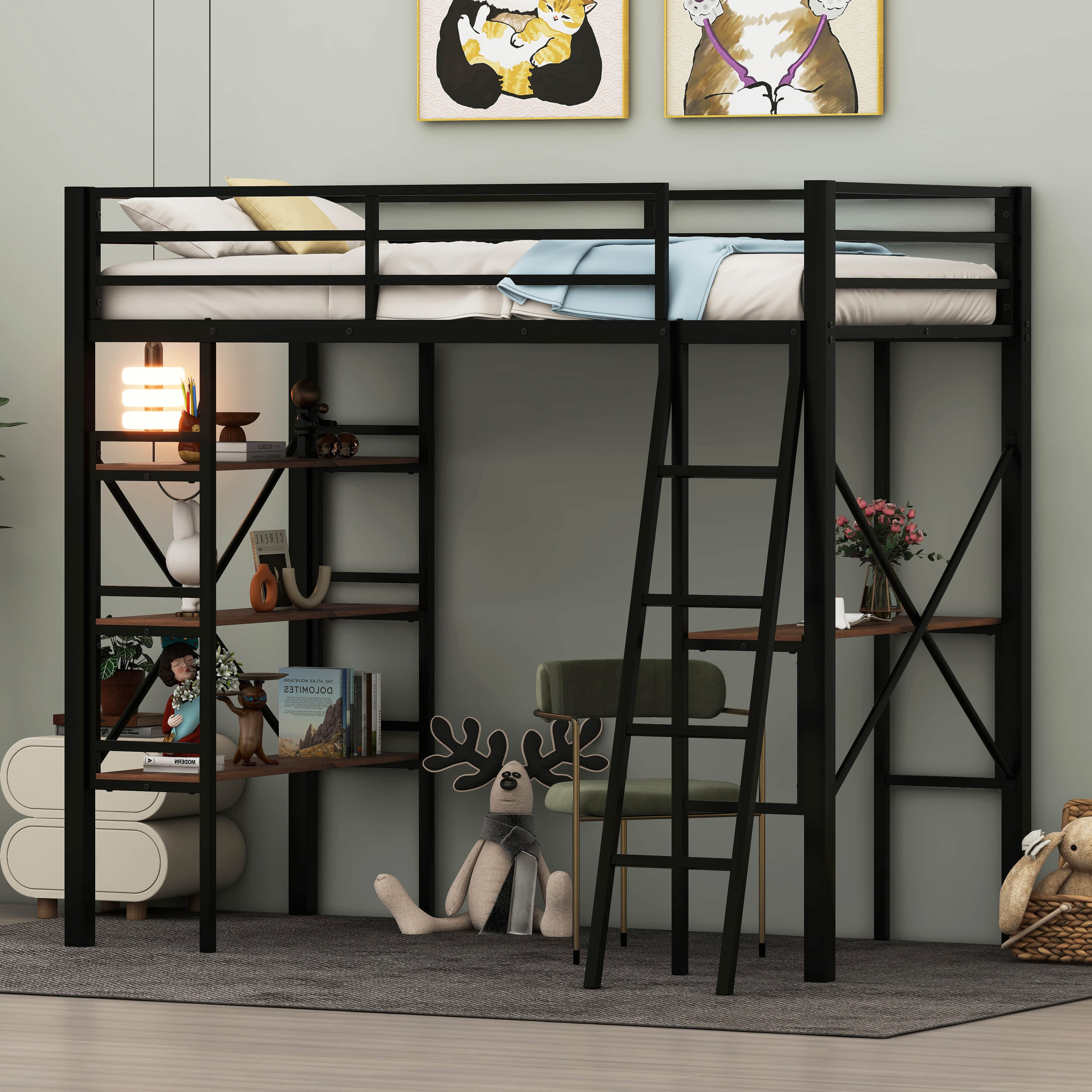 Mason & Marbles Bindi Twin Size Metal Loft Bed with Shelves and Desk