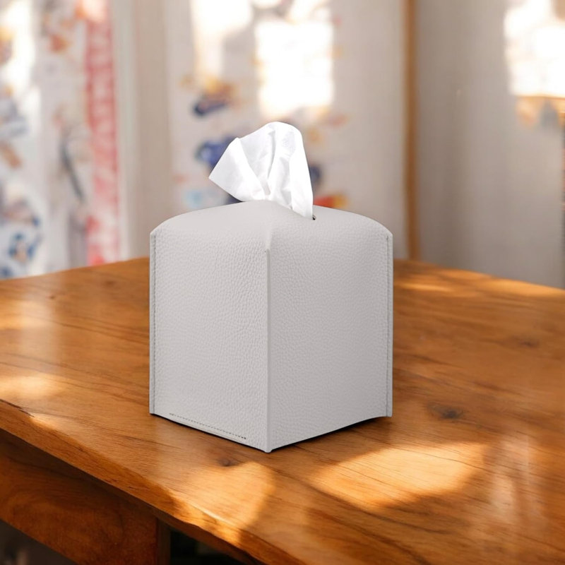 PU Leather Tissue Box Cover for Elegant Home Decor, Light Gray