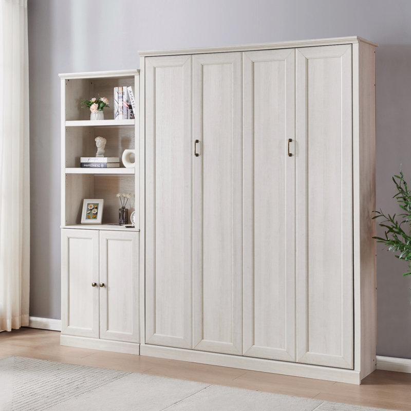 Kailer Murphy Bed With A Desk, Queen, 1 Bed, 1 Side Cabinet Storage Shelf, Rustic White