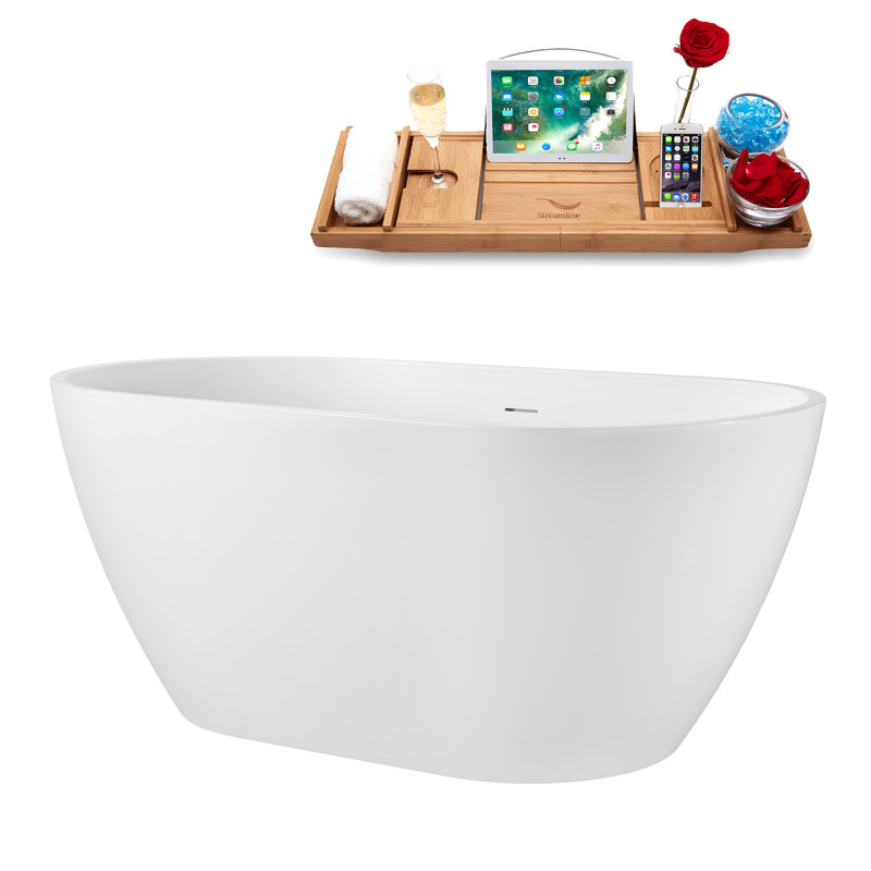 55" Streamline Soaking Glossy White Freestanding Tub and Tray With Internal Drain, Brushed Brass