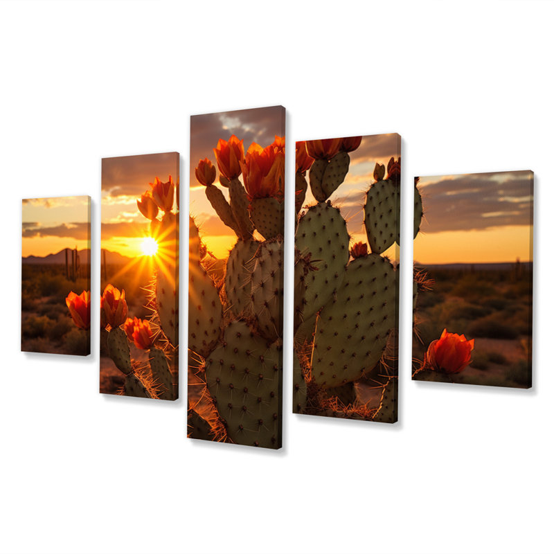 Cactus rouge et vert avec coucher de soleil III sur toile, 5 pièces