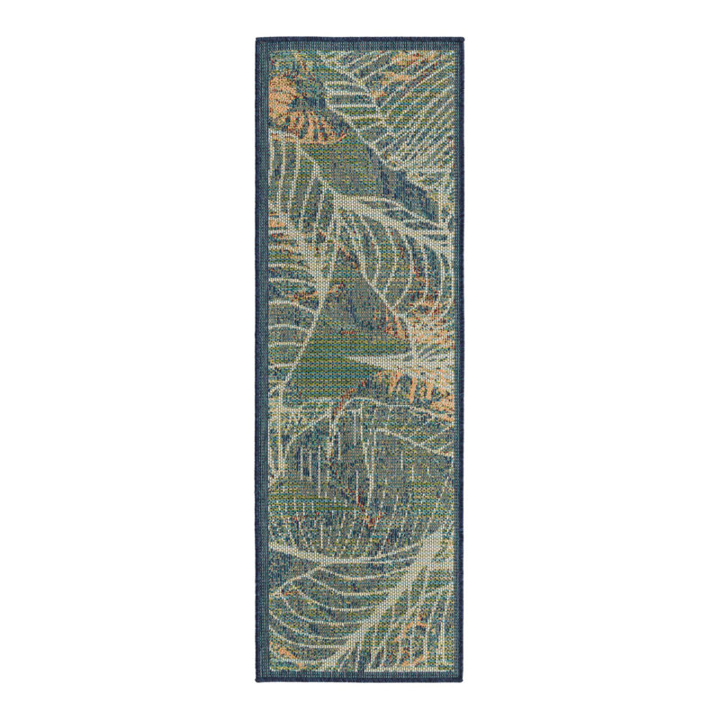 Tapis d'intérieur / extérieur en polypropylène tissé à la machine à motif floral bleu Torence, Tapis de couloir 2 pi x 6 pi