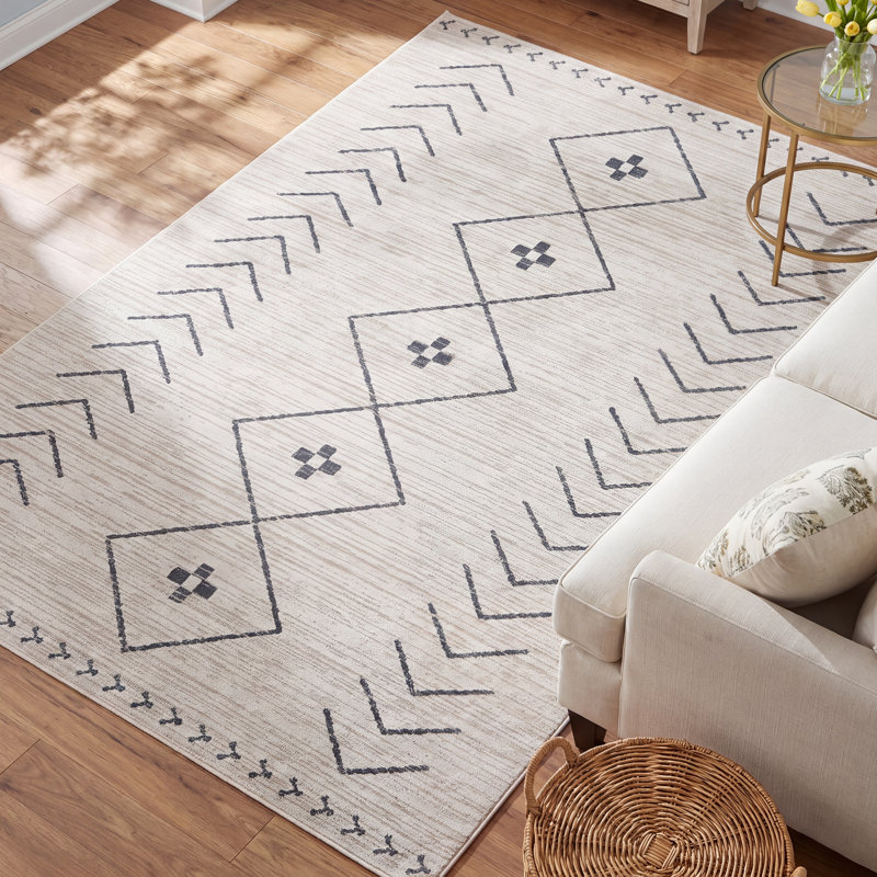 Phoebe Machine WashableGeometric Area Rug in Cream/Dark Slate, Rectangle 4' x 6'