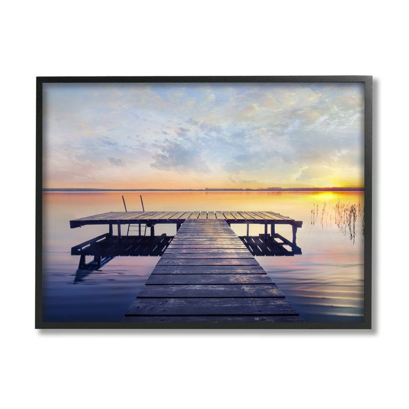 «Tranquil Lake Dock Sunset Nautical Summer Sanctuary», estampe numérique encadrée par Mike Calascibetta, H 16 po x l 20 po