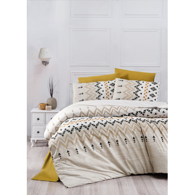 100% Cotton Ranforce Double Quilt Cover Set, Cream & Mustard & Black, Duvet Cover 78.7 x 86.6 inches | Includes 2 Pillowcases 19.7 x 27.6 inches | 142 Thread Count, Machine Washable, Elegant Design for Cozy Bedrooms