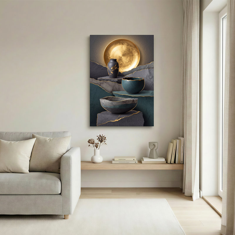 Art mural sur toile en céramique sarcelle avec vase et bordure dorée, 24"H x 18"W