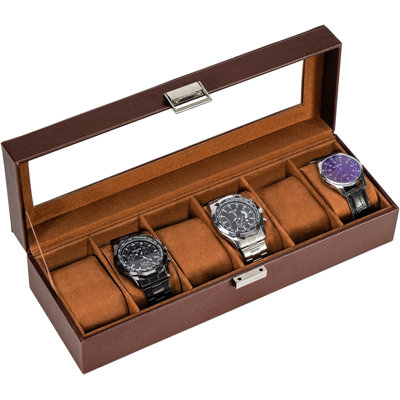 Watch Box 6 Slot Watch Case Watch Storage Watch Holder Organizer Watch Display Case With Glass Lid 6 Slot Brown