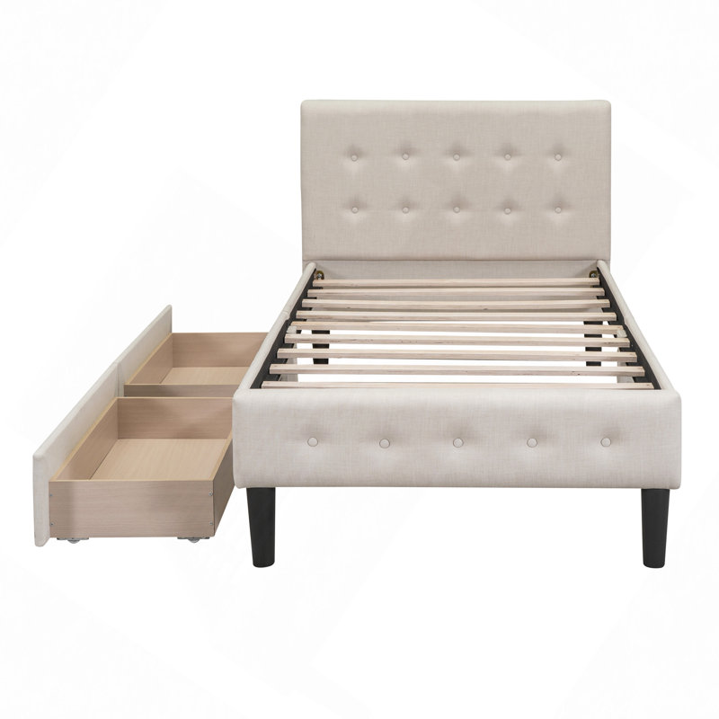 Upholstered Platform Bed With 2 Drawers, Beige