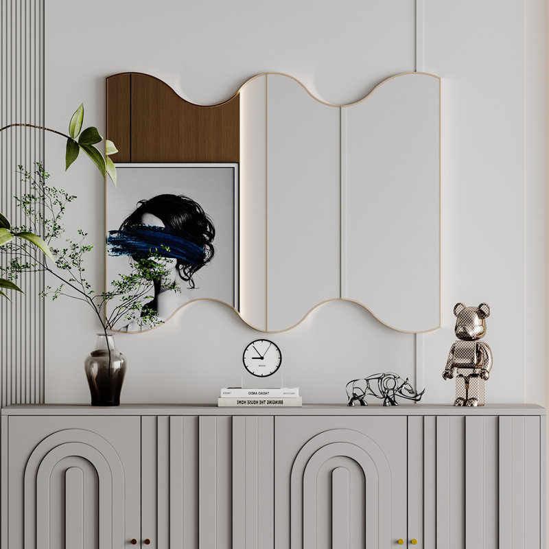 Miroir mural 30 po x 35 po rectangulaire avec 2 côtés ondulés, Doré