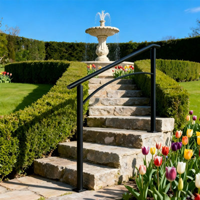 Modern Black Wrought Iron Outdoor Stair Railing - Flexible Handrail for Concrete Steps & Porch Safety