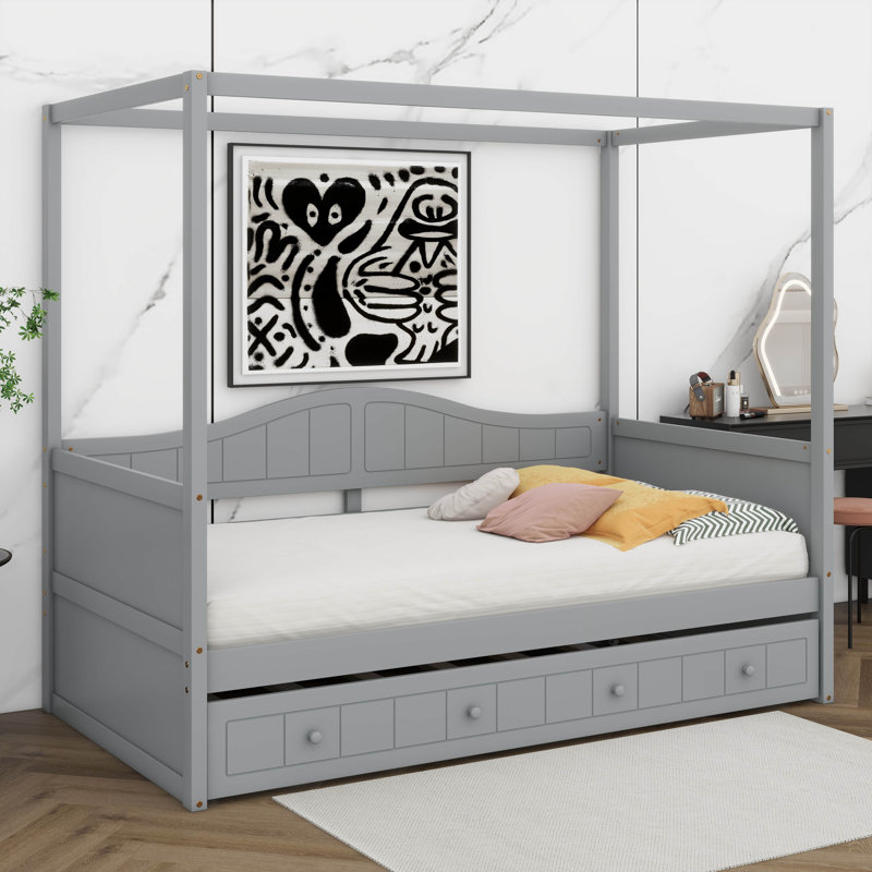 Lit à baldaquin simple avec lit gigogne simple, structure de lit de jour en bois, canapé-lit, base de lit plateforme pour enfants, adolescents, adultes