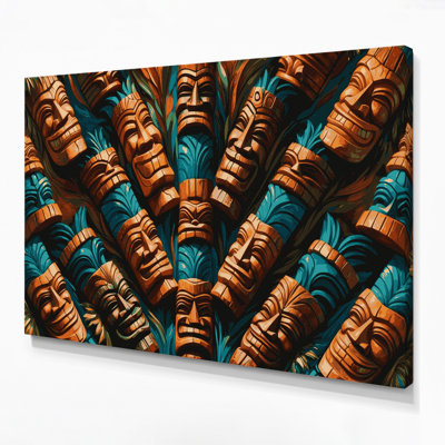 Hawaiian Tiki Faces Brown Canvas Wall Art