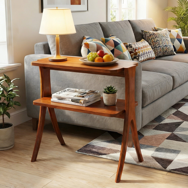 Wood End Table, Slim Sofa Side Table with 2-Tier Storage Shelf