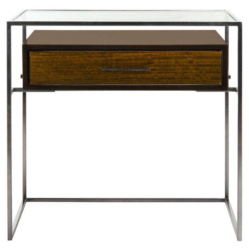 Glass End Table with Storage, Dark Brown/Black Nickel