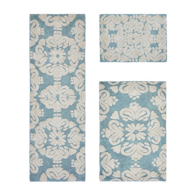 Chemash Premium 100% Cotton 1885 GSM 3-Piece Bath Rug Set, OEKO-TEX® Certified, Non-Slip Spray Latex Backing, Plush Tufted Bath Mats for Shower, Bathtub, Vanity, Sink & Toilet Areas, Super Absorbent, Machine Washable, Blue